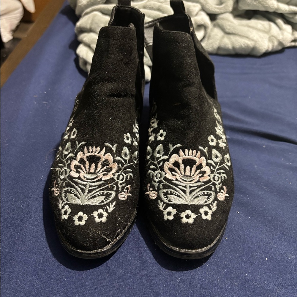 Olivia Miller Black and Pink Ankle Booties with Decorative Flair